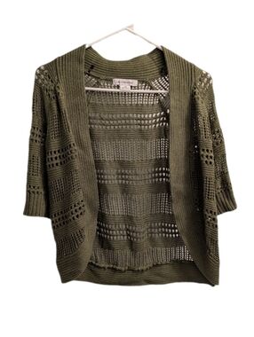 Liz Claiborne Open-Knit Olive Green 3 Qtr Sleeve Cardigan Sweater M